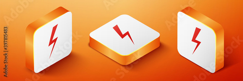 Isometric Lightning bolt icon isolated on orange background. Flash icon. Charge flash icon. Thunder bolt. Lighting strike. Orange square button. Vector.