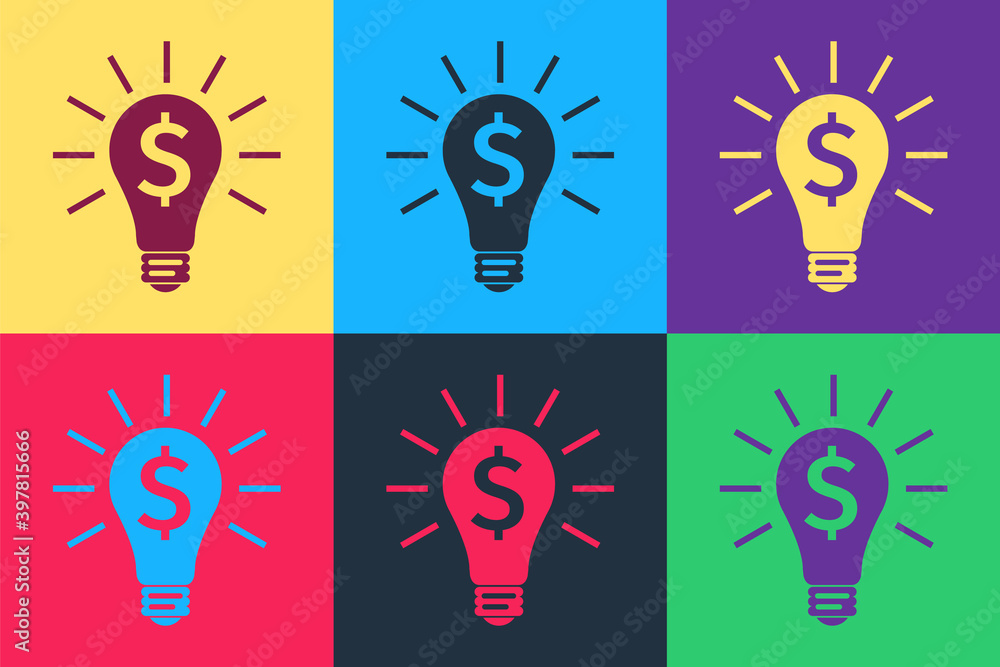 Pop art Light bulb with dollar symbol icon isolated on color background. Money making ideas. Fintech innovation concept. Vector. Pop art Light bulb with dollar symbol icon isolated on color background. Money making ideas. Fintech innovation concept. Vector.