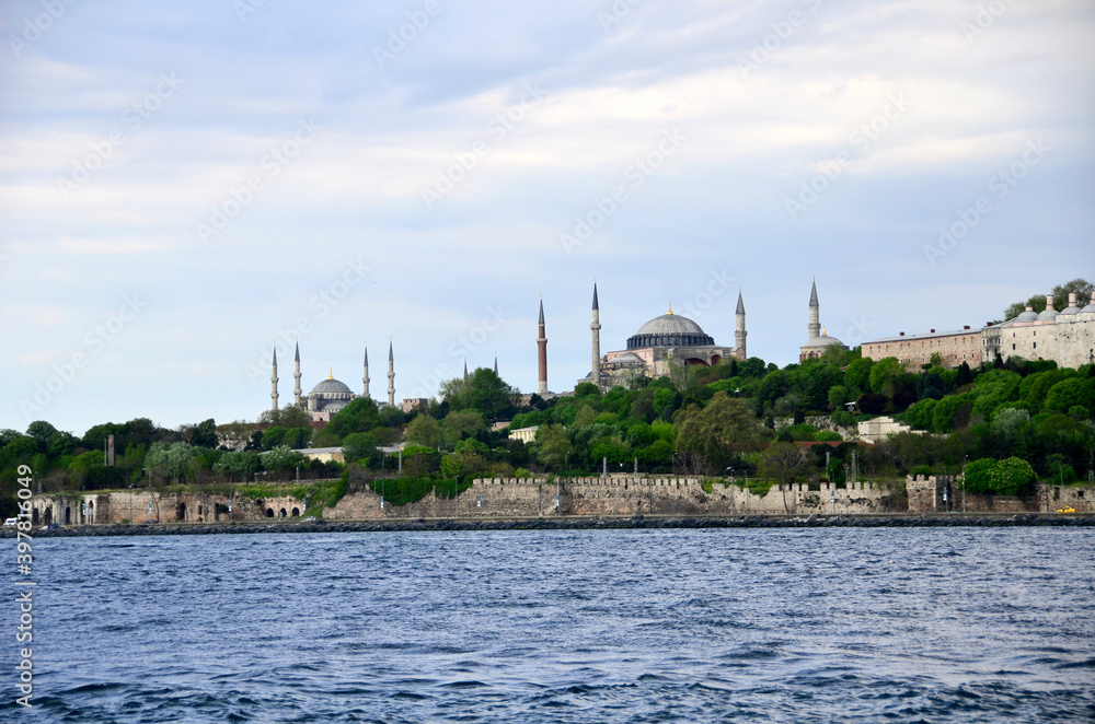 Hagia Sophia, is one of symbols of Istanbul, shot from boat which was on the sea.