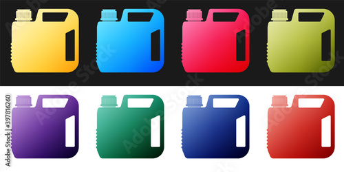 Set Plastic canister for motor machine oil icon isolated on black and white background. Oil gallon. Oil change service and repair. Engine oil sign. Vector.
