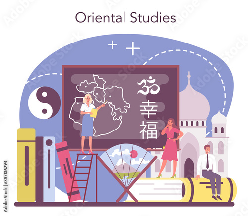 Orientalist concept. Professonal scientist studying near and far
