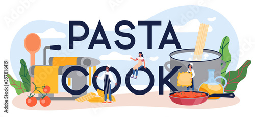 Pasta cook typographic header. Italian food on the plate. Delicious dinner