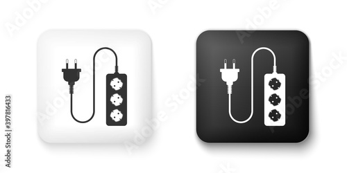 Black and white Electric extension cord icon isolated on white background. Power plug socket. Square button. Vector.
