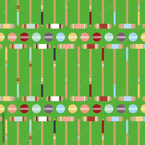 Croquet game seamless vector pattern background. Fun repeat of mallets and balls on lawn green backdrop. Colorful hand drawn design. All over print for summer garden party and leisure concept