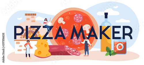 Pizza maker typographic header. Chef cooking tasty delicious pizza.