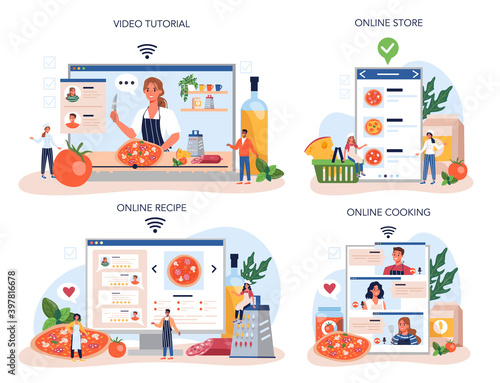 Pizza maker online service or platform set. Chef cooking tasty delicious pizza.