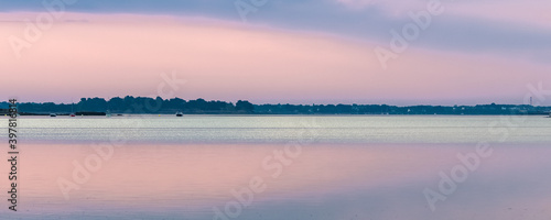 Brittany, panorama of the Morbihan gulf, view from the Ile aux Moines island, sunrise