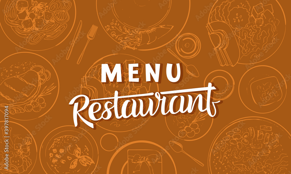 Menu template for a restaurant. Cover of a brochure with dishes drawn in the style of a sketch.