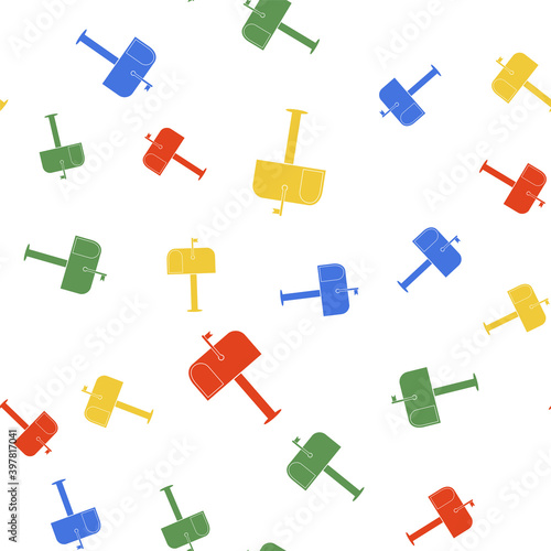 Color Mail box icon isolated seamless pattern on white background. Mailbox icon. Mail postbox on pole with flag. Vector.
