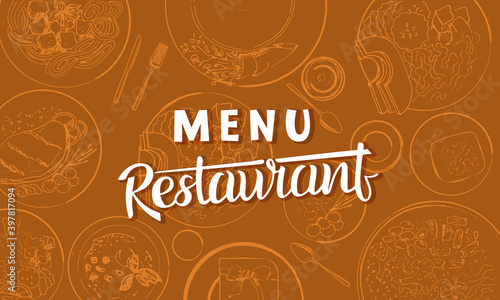 Menu template for a restaurant. Cover of a brochure with dishes drawn in the style of a sketch.
