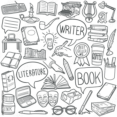 Writer doodle icon set. Literature Vector illustration collection. Book Banner Hand drawn Line art style.
