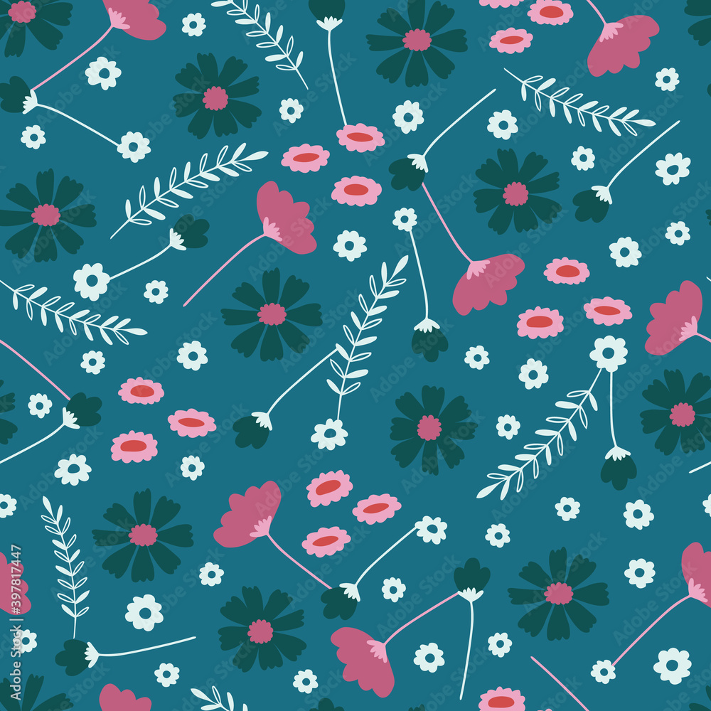 Blue and Pink Daisies and Tulips Seamless Pattern Blue and Pink Daisies and Tulips Seamless Pattern