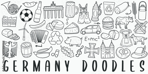 Germany, doodle icon set. German Country Style Vector illustration collection. Banner Hand drawn Line art style.