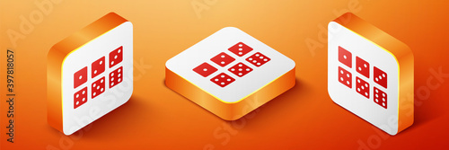 Isometric Set of six dices icon isolated on orange background. Orange square button. Vector.