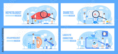 Hepatologist, otolaryngologist, diabetes, laser eye correction concept set vector for medical websites, landing page. Hepatocellular carcinoma concept vector.