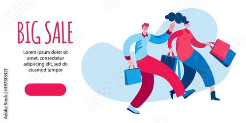 Characters coming with packages from stores. People shopping at the Mall.Template for a horizontal banner on the sale theme.
