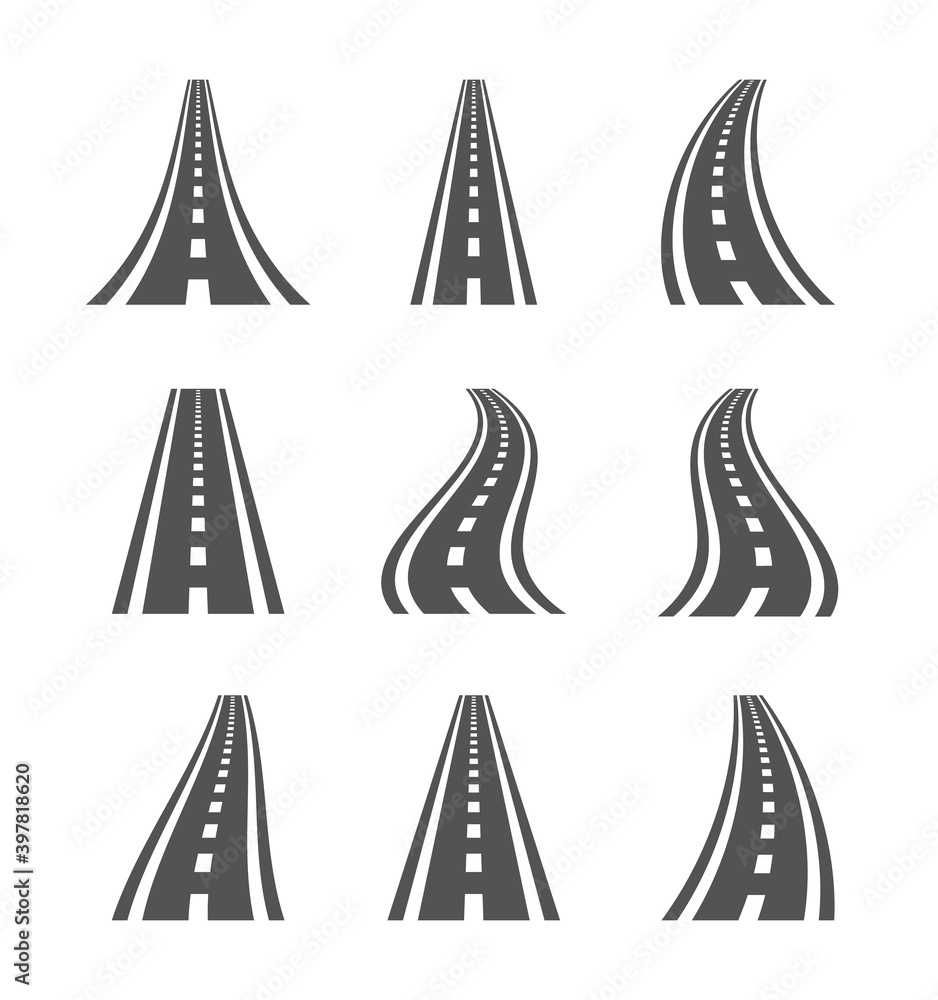 Curved road symbols. Highway and roadway, direction signs illustration Curved road symbols. Highway and roadway, direction signs illustration
