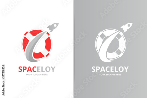 Vector lifebuoy and rocket logo combination. Unique lifeboat and flight logotype design template.