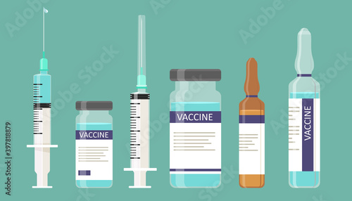 Medical set of syringes and ampoules with vaccines. Immunization. Flat vector isolates.