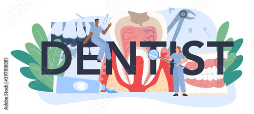 Dentist typographic header. Dental doctor in uniform treating human