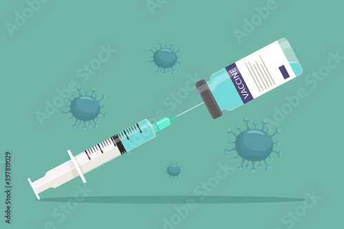 Syringe vaccination concept in ampoule surrounded by bacteria and germs. Vector illustration in flat style. Medicine.