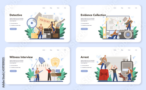 Professional detective web banner or landing page set. Agent investigating