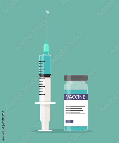 Vaccination concept. Medical syringe with vaccine and ampoule. Vector illustration in flat style.