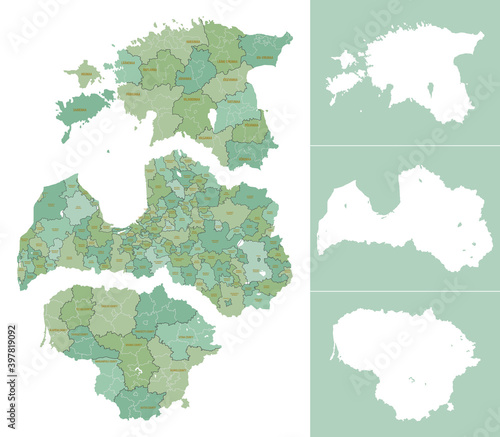 Detailed political map of Baltic countries Latvia, Estonia, Lithuania with administrative divisions into regions and silhouettes of countries on white background, vector illustration