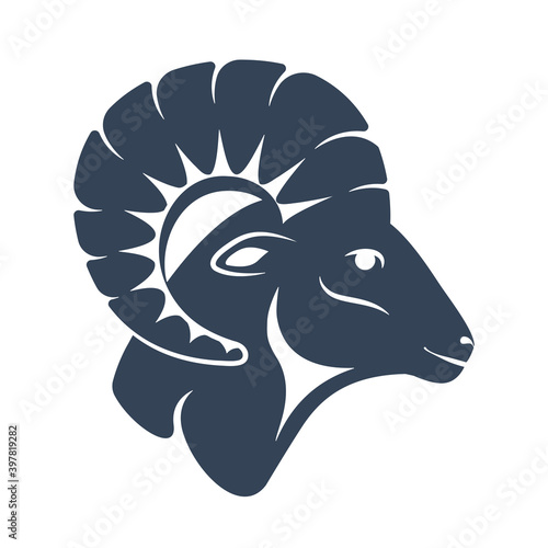 A ram head profile with a large horn. Side view. Zodiac astrological symbol of the sheep. Aries illustration vector flat design. Silhuette of a goat's head as a mascot of fortune and sport