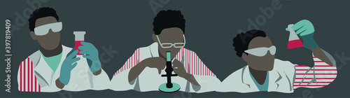vector set of afroamerican persons, scientist in laboratory with bottle and microscope