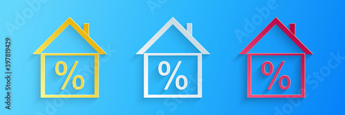 Paper cut House with discount tag icon isolated on blue background. House percentage sign price. Real estate home. Credit percentage symbol. Money loan.Paper art style. Vector.