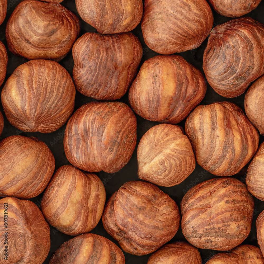 Hazelnuts heap as a Background. Top view. Flat lay. Hazel nuts Pattern. Hazelnuts heap as a Background. Top view. Flat lay. Hazel nuts Pattern.