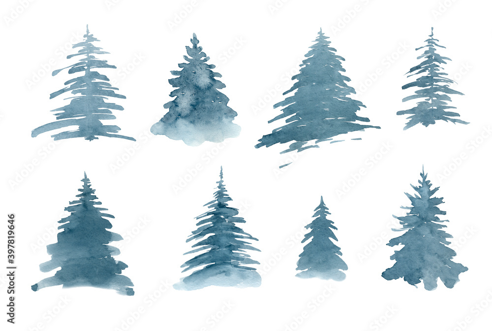 Set of Winter spruces isolated on white background.Watercolor hand painted illustration.