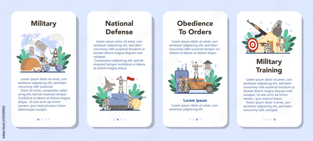Soldier mobile application banner set. Millitary force employee