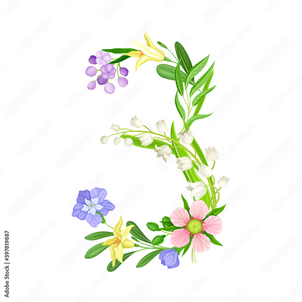 Floral Number with Decorative Nature Elements Vector Illustration