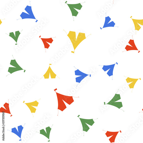 Color Tourist tent with flag icon isolated seamless pattern on white background. Vector.