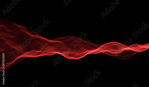 Red particle wave background. Abstract dynamic mesh. Big data technology. Vector grid illustration.