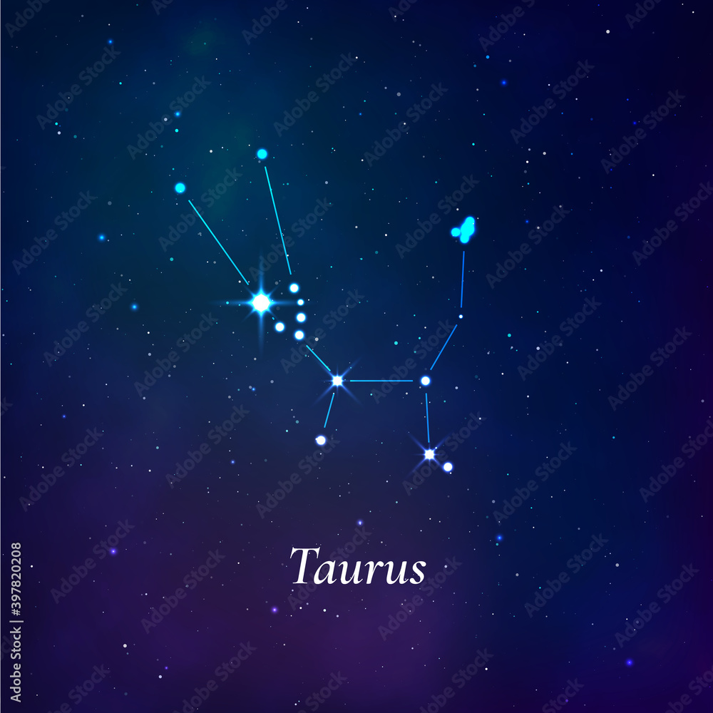 Taurus sign. Stars map of zodiac constellation on dark blue background. Vector