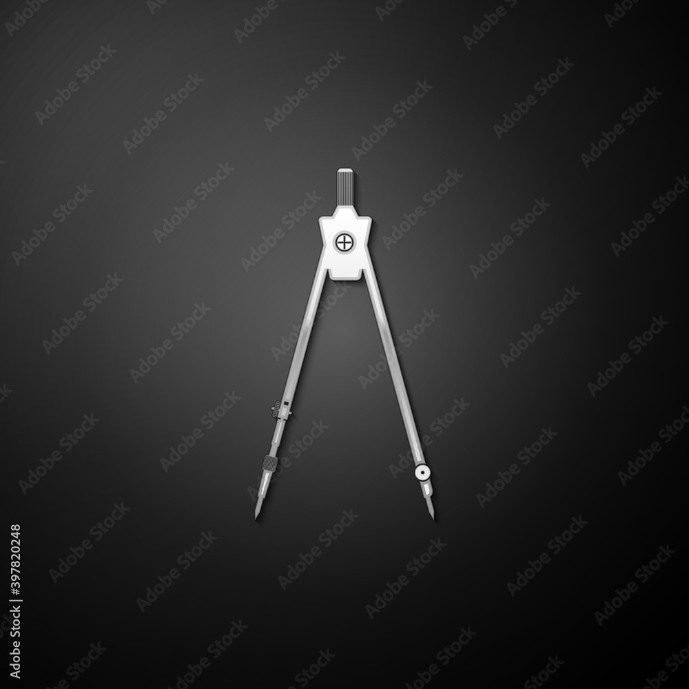 Silver Drawing compass icon isolated on black background. Compasses sign. Drawing and educational tools. Geometric instrument. Education sign. Long shadow style. Vector. Silver Drawing compass icon isolated on black background. Compasses sign. Drawing and educational tools. Geometric instrument. Education sign. Long shadow style. Vector.