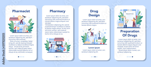 Pharmacy mobile application banner set. Pharmacist selling drugs in bottle and