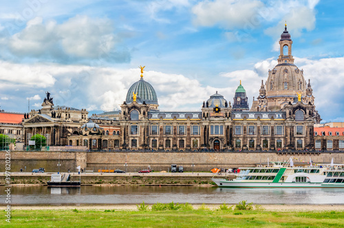 Scenic Dresden panorama with Frauenkirche (Church of Our Lady) and Elbe river, Germany