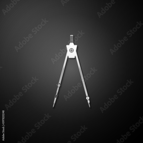 Silver Drawing compass icon isolated on black background. Compasses sign. Drawing and educational tools. Geometric instrument. Education sign. Long shadow style. Vector.