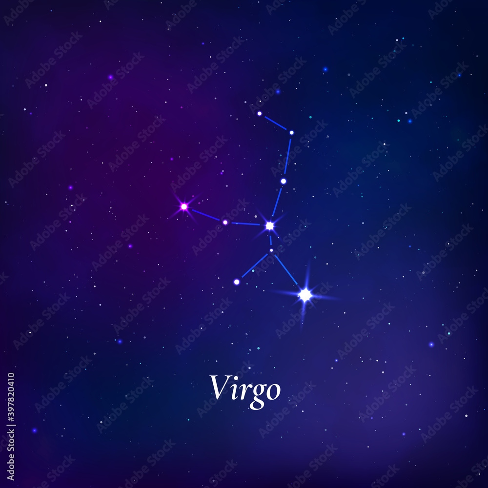 Virgo sign. Stars map of zodiac constellation on dark blue background. Vector