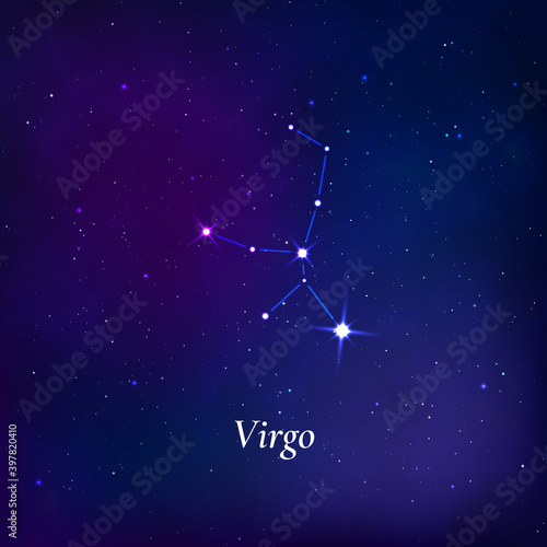 Virgo sign. Stars map of zodiac constellation on dark blue background. Vector