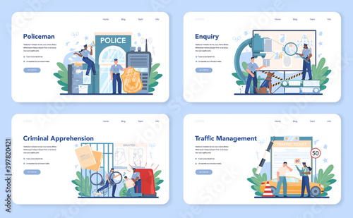 Police officer web banner or landing page set. Detective making investigation