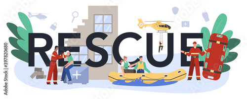 Rescue typographic header. Ambulance lifeguard in uniform