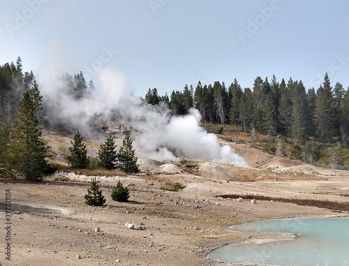 Yellowstone National Park Hot Spring Geyser Scene View