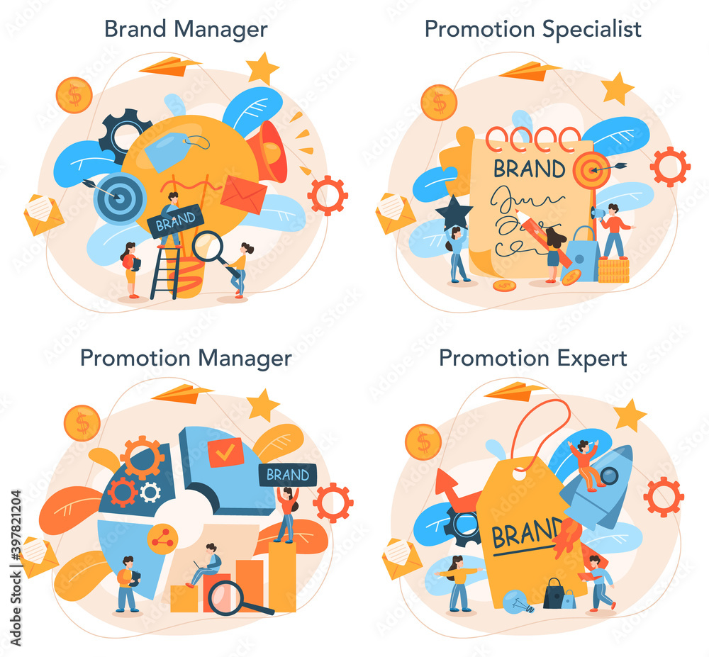 Brand manager concept set. Marketing specialist create unique