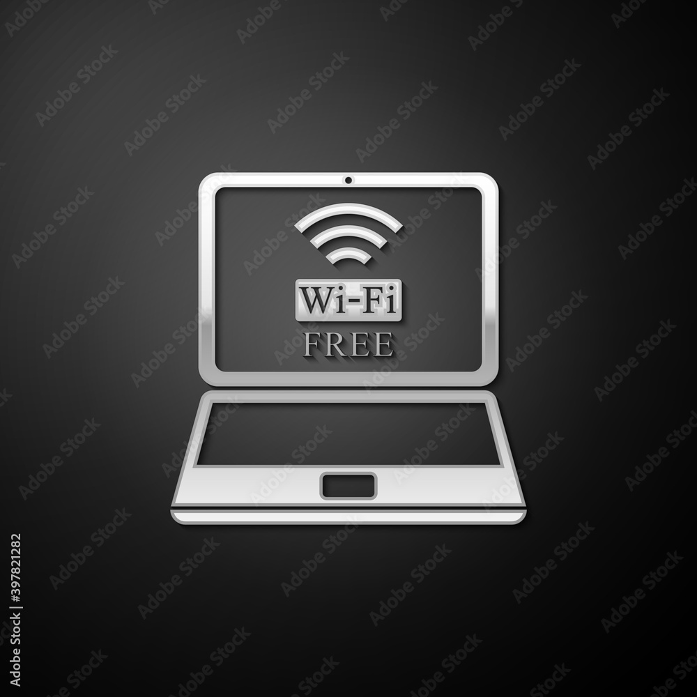 Silver Laptop and free wi-fi wireless connection icon isolated on black background. Wireless technology, wi-fi connection, network, hotspot concepts. Long shadow style. Vector. Silver Laptop and free wi-fi wireless connection icon isolated on black background. Wireless technology, wi-fi connection, network, hotspot concepts. Long shadow style. Vector.