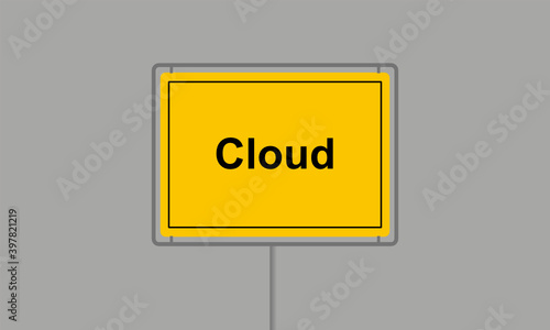 Gelbes Ortsschild mit dem Wort Cloud vor grauem Hintergrund